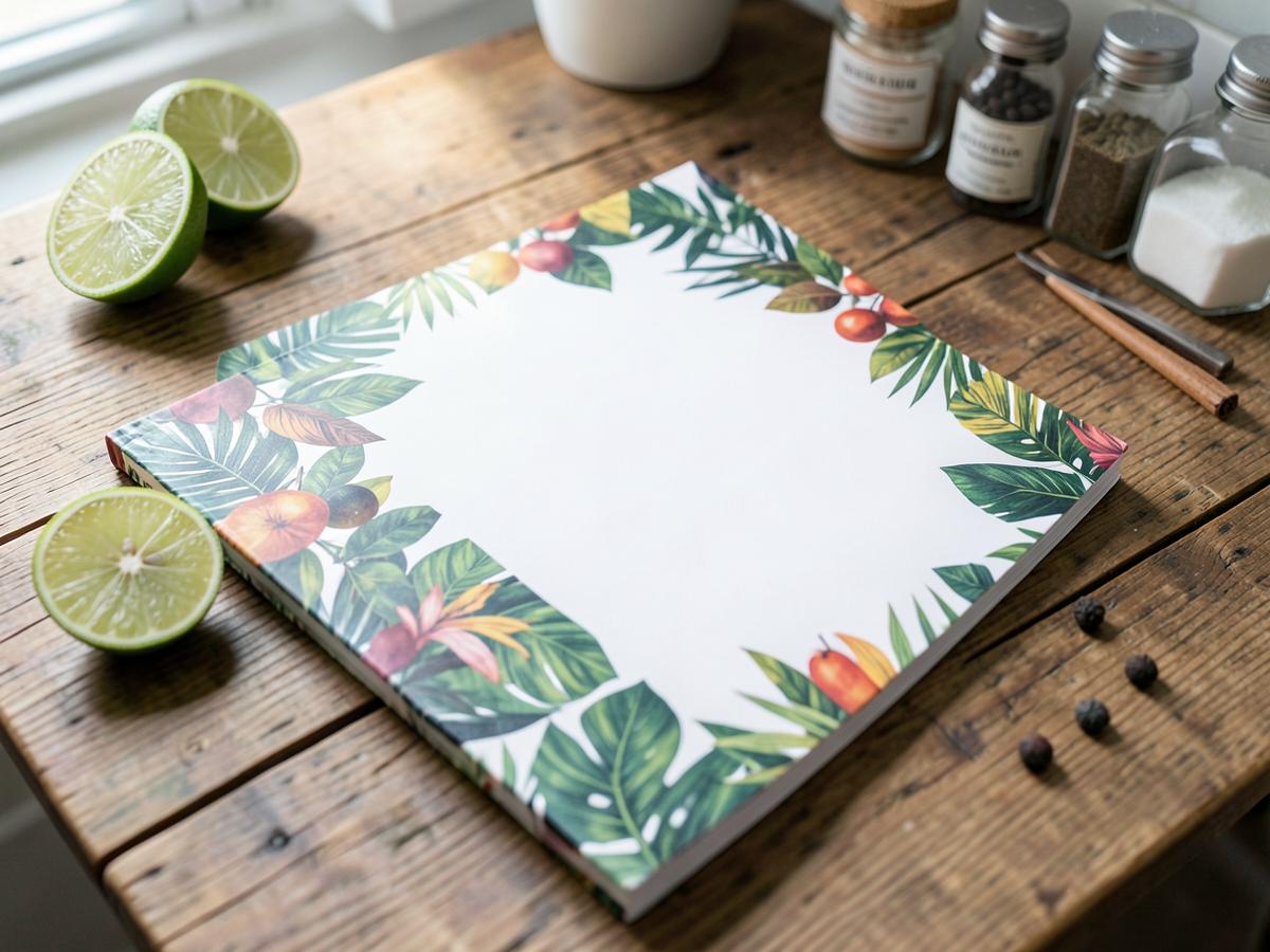 Recipe booklet mockup placeholder on a kitchen table