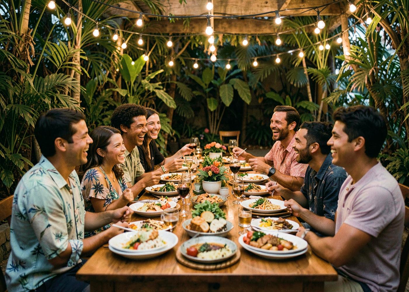 Friends sharing a meal around a long table